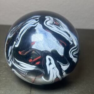 Beautiful Glass Red White And Black Swirled Design Paperweight SIGNED
